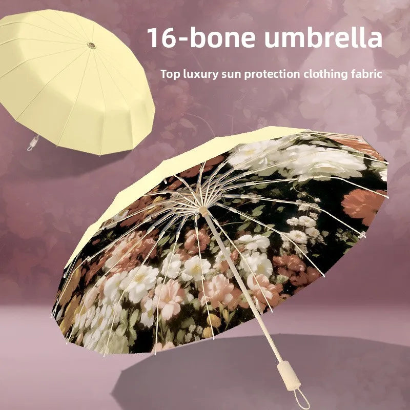 Oil Painting Style16-Fold Folding Umbrella-Large Compact Travel Parasol for Sun&Rain-Vintage Sun Protection UV Foldable Umbrella