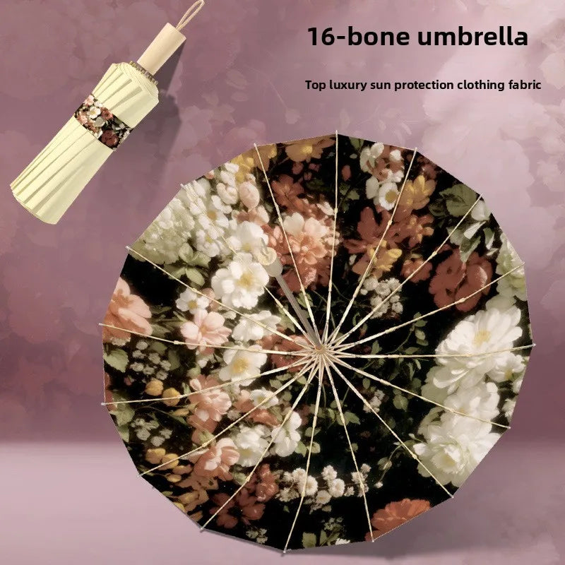 Oil Painting Style16-Fold Folding Umbrella-Large Compact Travel Parasol for Sun&Rain-Vintage Sun Protection UV Foldable Umbrella
