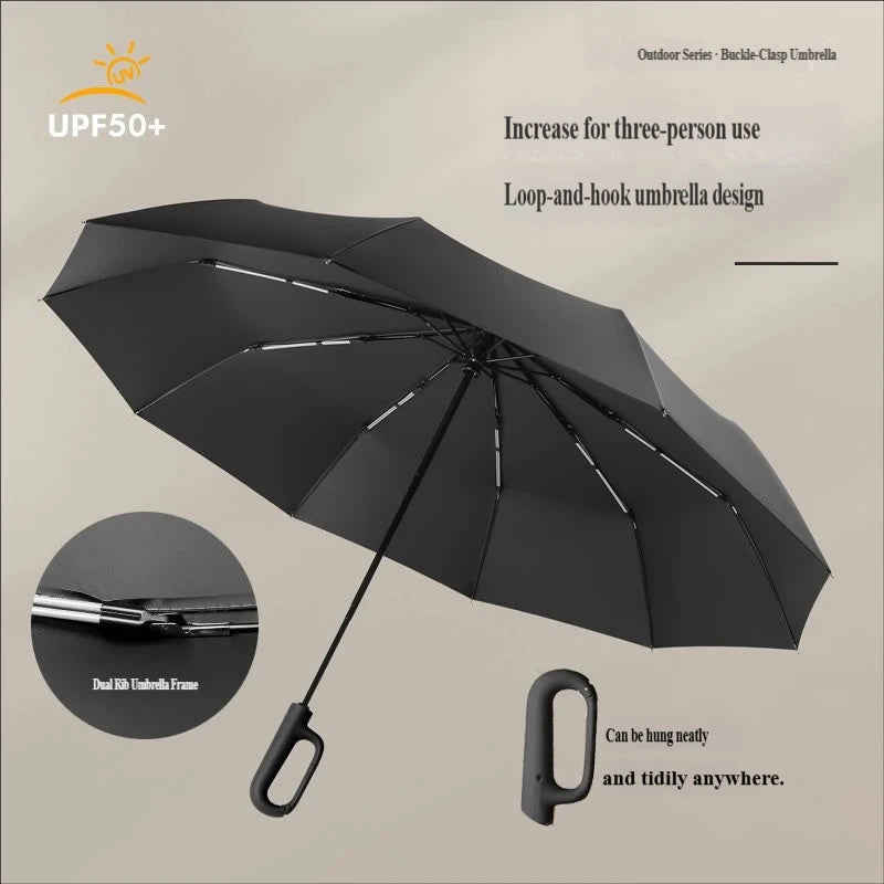 Large Automatic Ring Buckle Folding Umbrella • Business Custom • Black Glue • Windproof • Sun & Rain Dual-Use