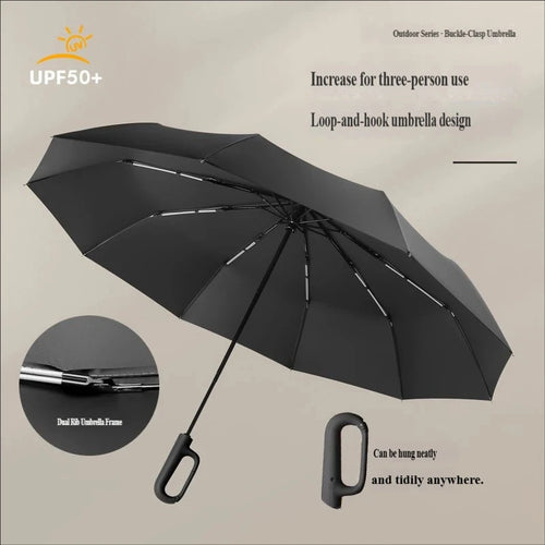 Large Automatic Ring Buckle Folding Umbrella • Business Custom • Black Glue • Windproof • Sun & Rain Dual-Use