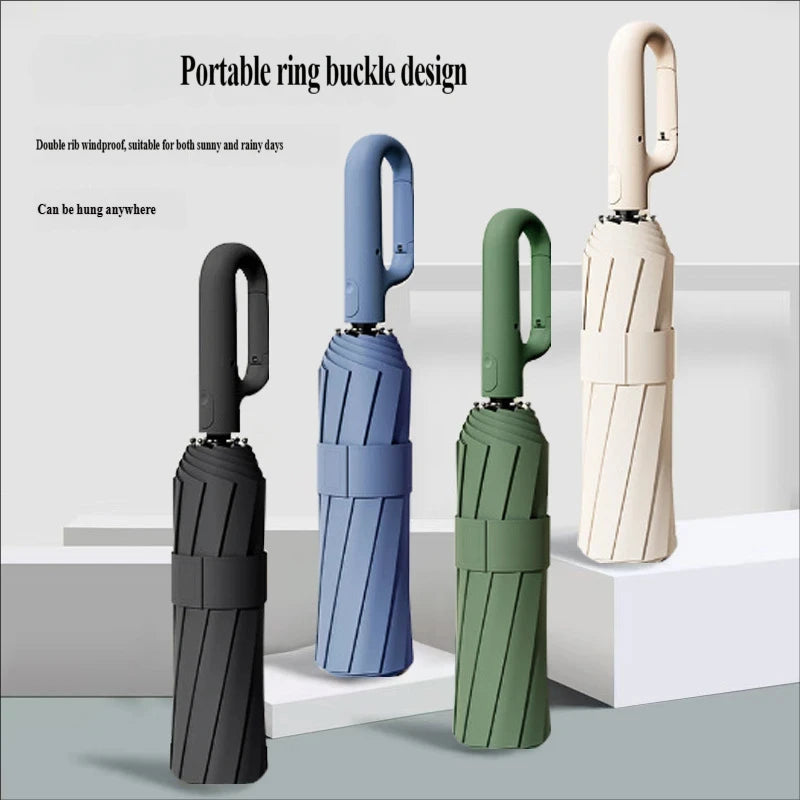 Large Automatic Ring Buckle Folding Umbrella • Business Custom • Black Glue • Windproof • Sun & Rain Dual-Use