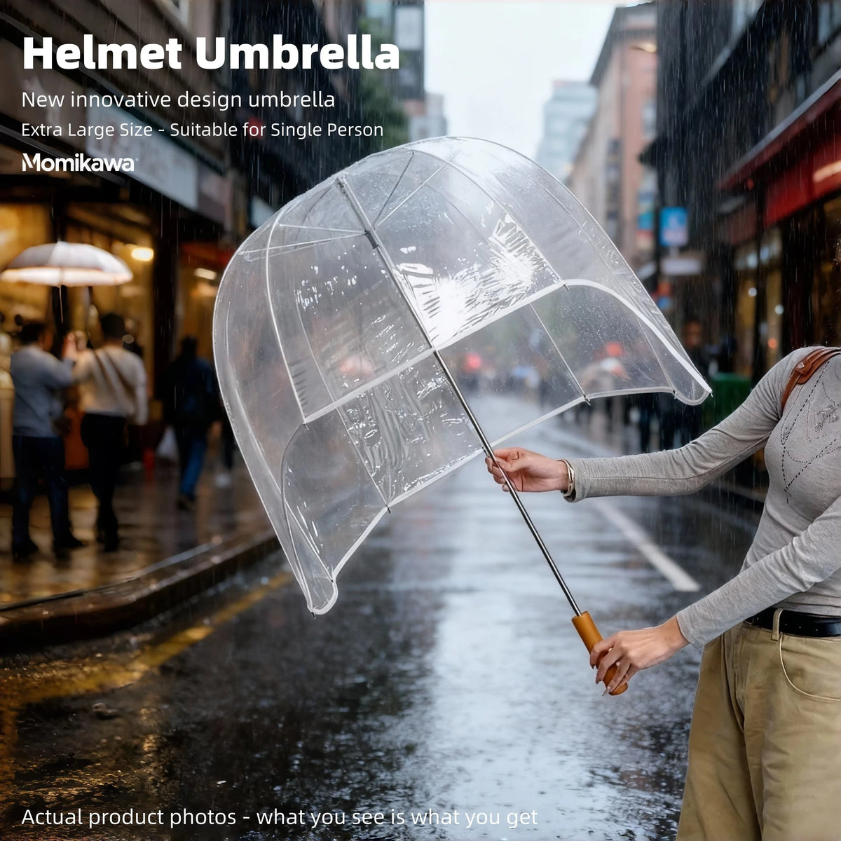 Long-Handled Helmet Umbrella Windproof Waterproof Transparent Fun Cap for Outdoor Weather